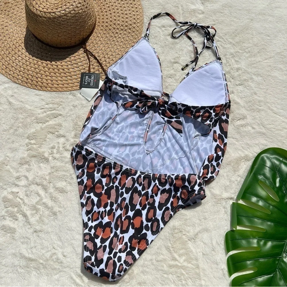 Bar III Leopard Print Halter One Piece Swimsuit Plunge Low Back Size S NWT